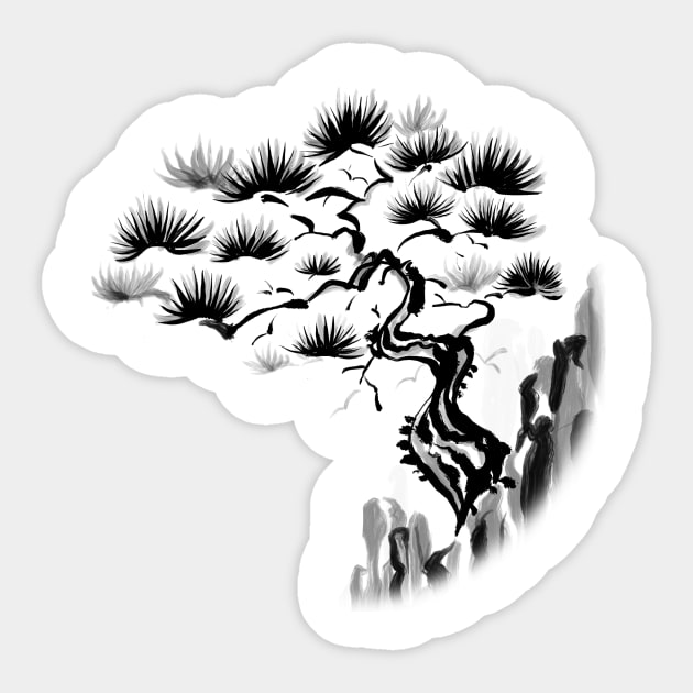 Sumi-E Pine Tree on Cliff (Transparent) Sticker by bengman